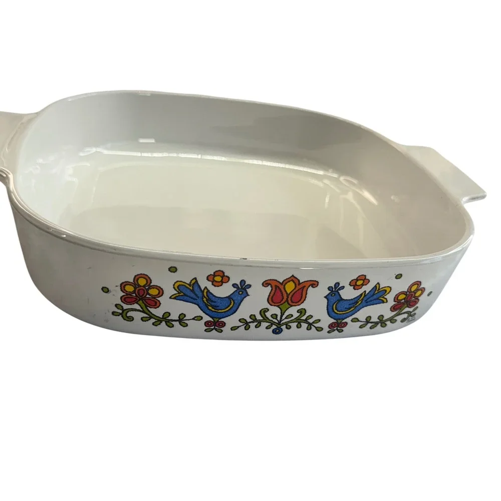 Vintage Ceramic Baking Dish with Folk Art Birds‎ and Flowers